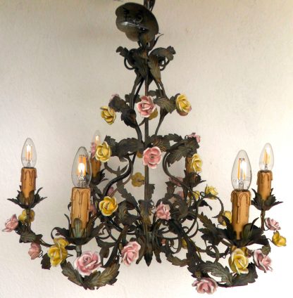 Vintage Italian 6 arm ceramic coloured rose chandelier