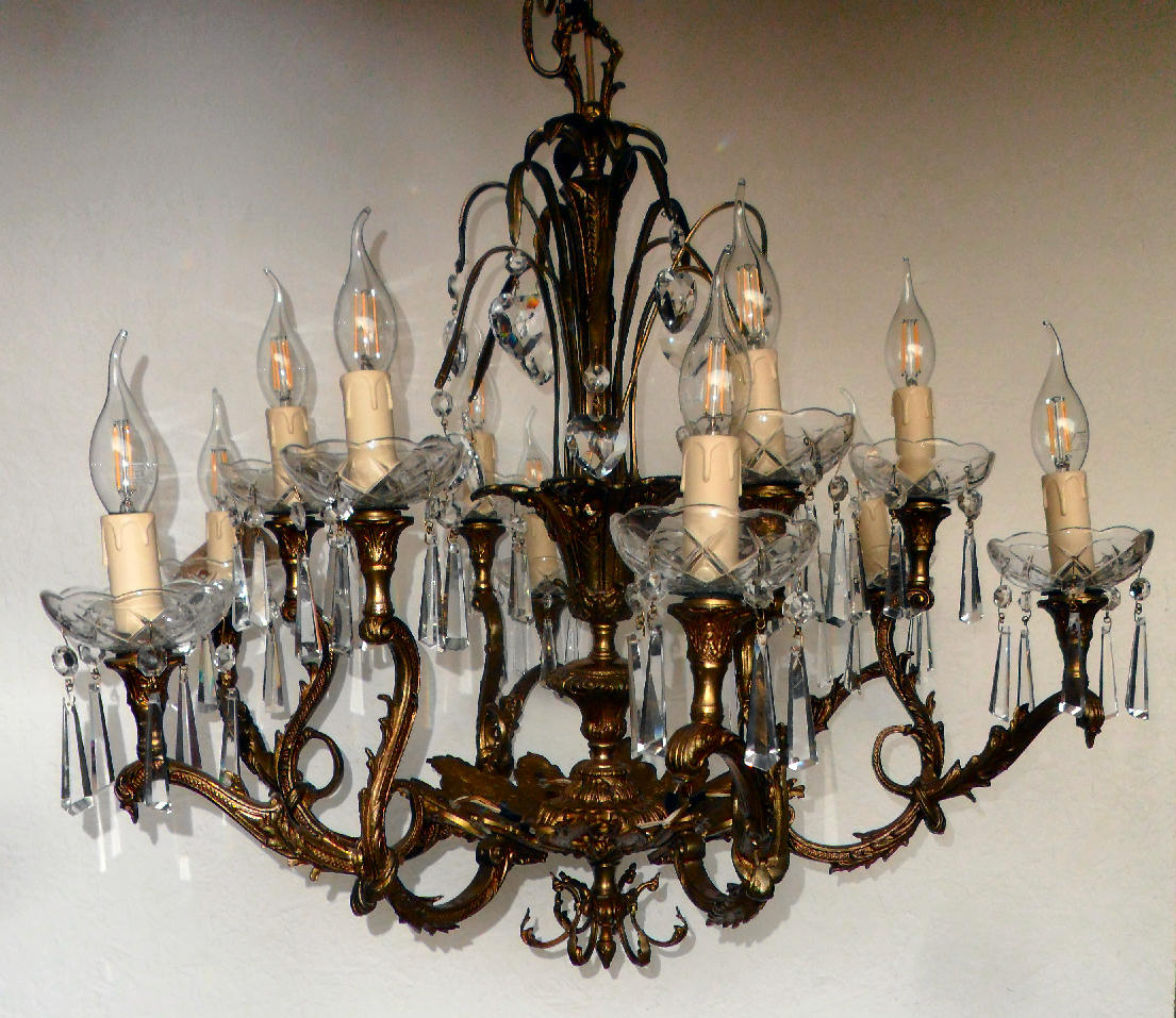 12 arm 1950s solid brass chandelier with glass dishes, lead crystal icicles  and lead crystal hearts